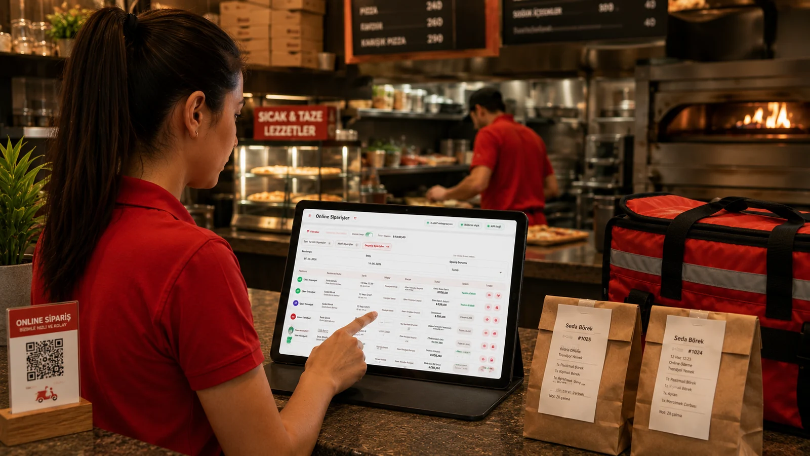 Bir tablette çok kanallı paket siparişlerini ve kurye atamalarını yöneten restoran personeli
